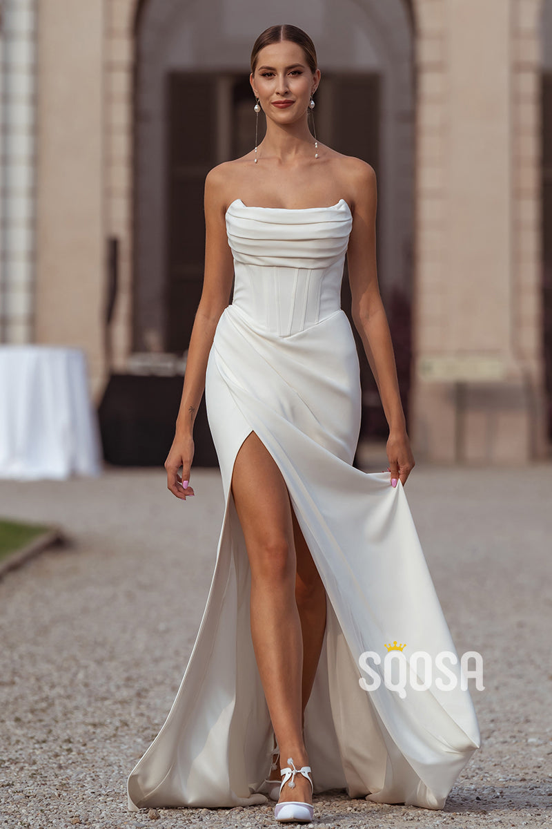 Bateau Strapless Empire Pleats With Side Slit Train Fitted Wedding Dress QW8122