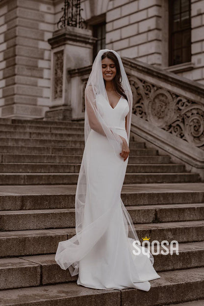 QW8009 - V-Neck Straps Mermaid Sheath Casual Wedding Dress White Simple Bridal Gowns