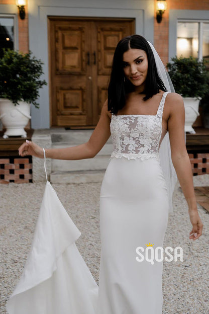QW8011 - Square Straps Mermiad Applique Boho Wedding Dress White Simple Bridal Gowns