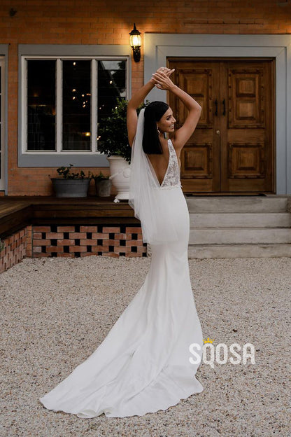QW8011 - Square Straps Mermiad Applique Boho Wedding Dress White Simple Bridal Gowns