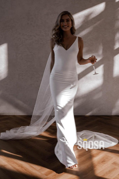 QW8010 - V-Neck Straps Saitn Train Casual Wedding Dress White Simple Bridal Gowns