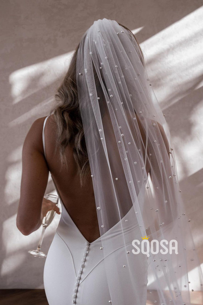 QW8010 - V-Neck Straps Saitn Train Casual Wedding Dress White Simple Bridal Gowns
