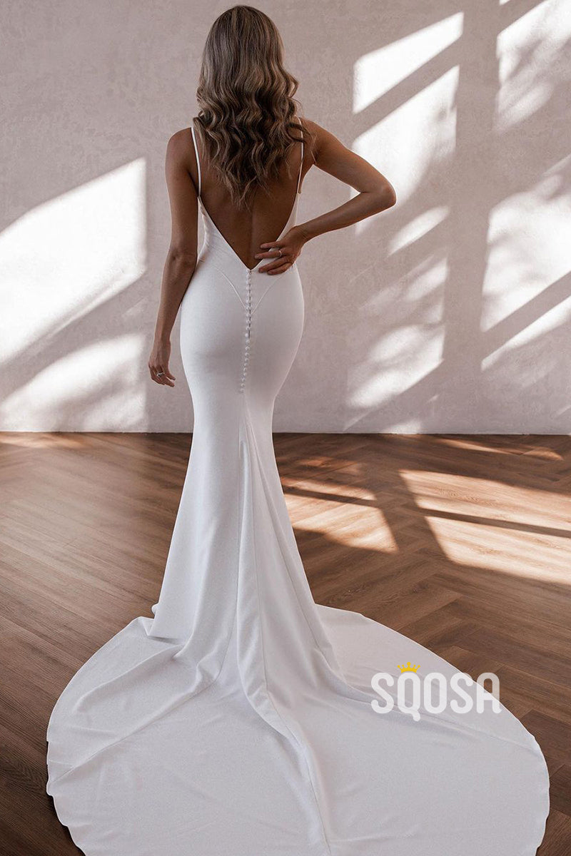 QW8009 - V-Neck Straps Mermaid Sheath Casual Wedding Dress White Simpl –  SQOSA