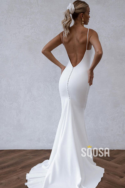 QW8007 - Sheath Mermaid Straps Satin Wedding Dress White Simple Bridal Gowns