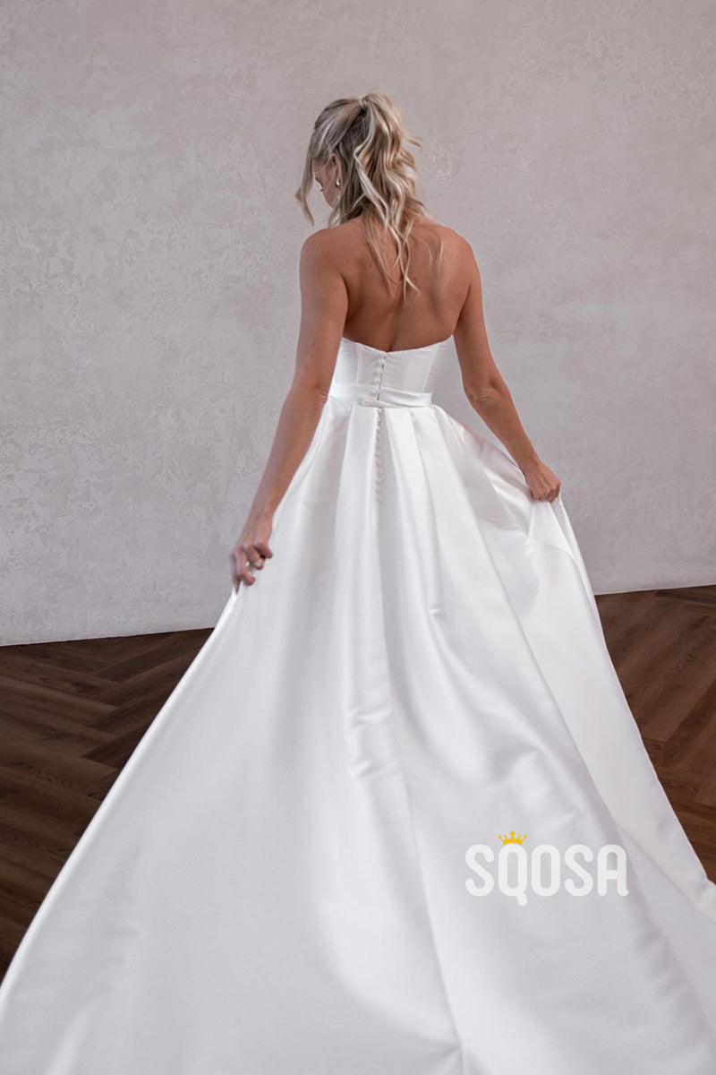 QW8004 - A-Line Strapless Satin Casual Wedding Dress White Simple Bridal Gowns