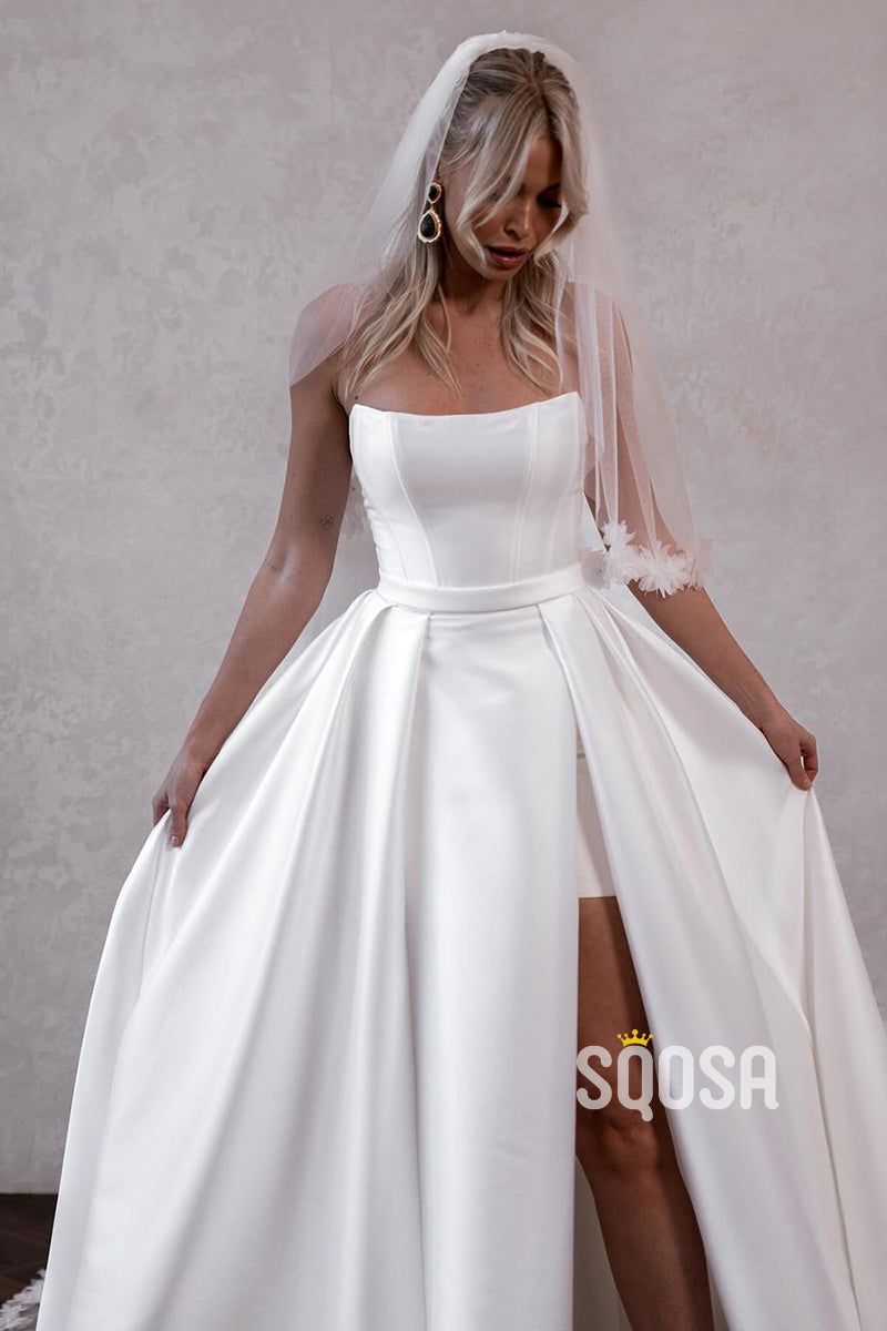 QW8004 - A-Line Strapless Satin Casual Wedding Dress White Simple Bridal Gowns