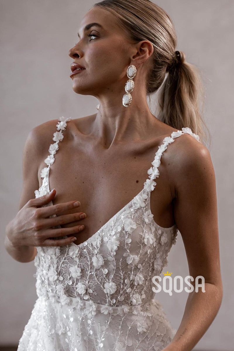 QW8003 - A-Line V-Neck Applique Straps Sheer Wedding Dress White Sparkly Bridal Gowns