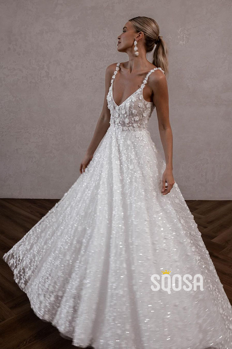 QW8003 - A-Line V-Neck Applique Straps Sheer Wedding Dress White Sparkly Bridal Gowns