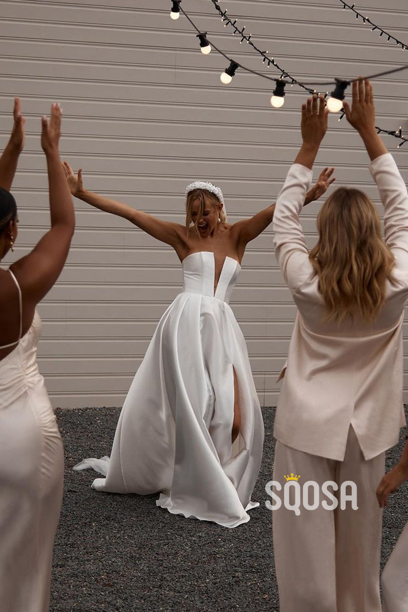 A-Line V-Neck Strapless Satin Wedding Dress Bridal Gown With Slit QW8013