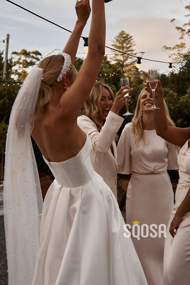 A-Line V-Neck Strapless Satin Wedding Dress Bridal Gown With Slit QW8013