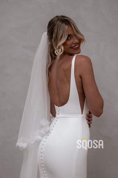 Chic & Modern Square Spaghetti Straps Satin Boho Wedding Dress Bridal Gown QW8012