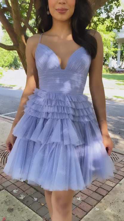 A Line Spaghetti Straps Tulle Tiered Short Cute Homecoming Dress QH2303