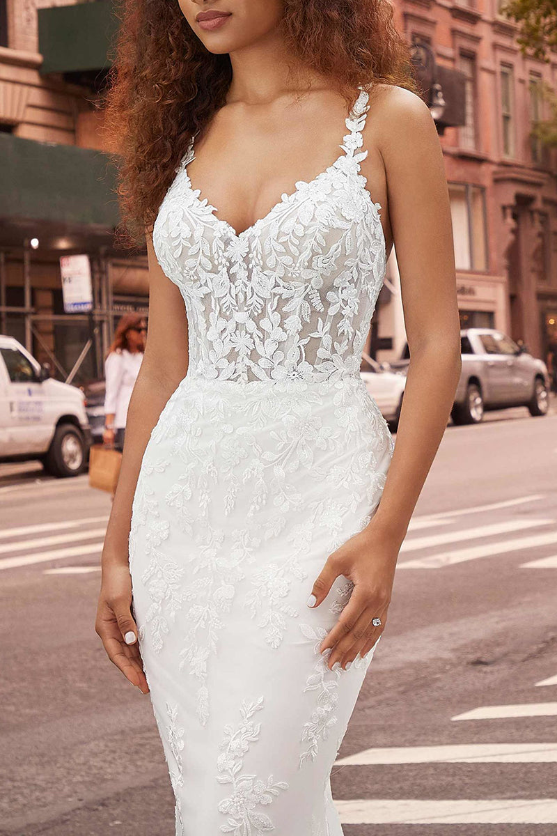 Spaghetti Straps V Neck Mermaid Wedding Dress with Detachable Skirt Lace Bridal Gown QW2294