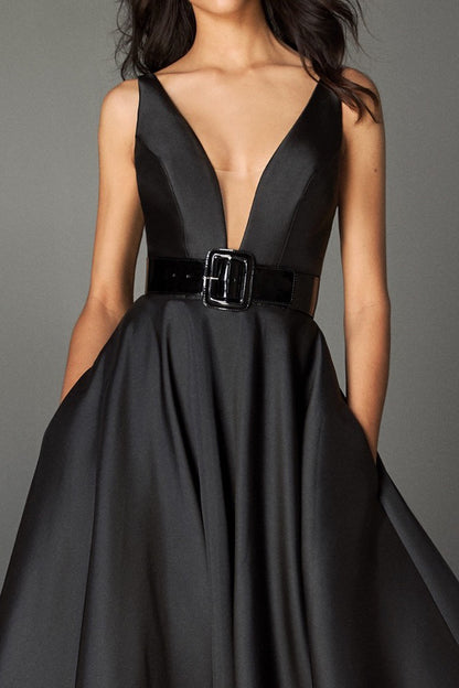 A Line Deep V Neck Belt Black Long Formal Evening Gowns with Pockets QP3002