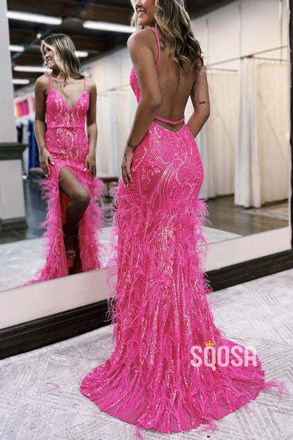 V-Neck Spaghetti Straps Sequined Appliques Feathers With Side Slit Prom Dress QP3382