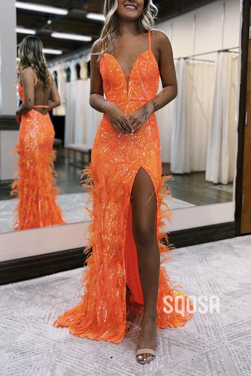 V-Neck Spaghetti Straps Sequined Appliques Feathers With Side Slit Prom Dress QP3382