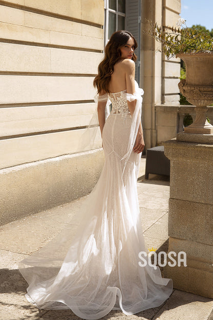 Sheath Off-Shoulder Applique Boho Wedding Dress Bridal Gowns With Train QW8071