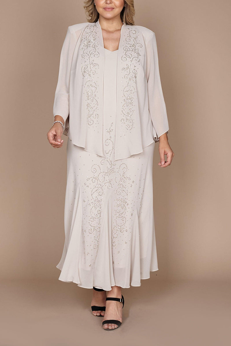 Two Piece Mother of the Bride Dress Chiffon Beads Elegant Plus Size Wedding Gurst Dress QM3158