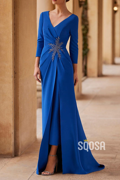 Chic Trumpet V-Neck 3/4 Sleeves Appliques Mother of the Bride Dress Elegant Evening Gown QM3292