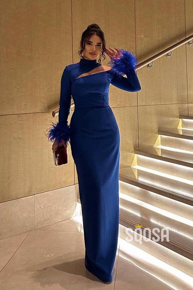 Sheath High Neck Long Sleeves Feather Royal Blue Prom Evening Dress QP2787