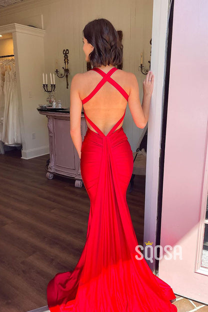 Mermaid V-neck Straps Red Satin Long Evening Dress with Train Prom Dress QP1218B