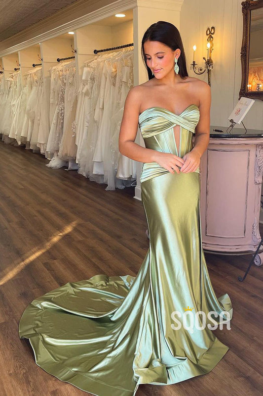 Mermaid Strapless Green Long Prom Dress Evening Gowns with Sweep Train QP1218A