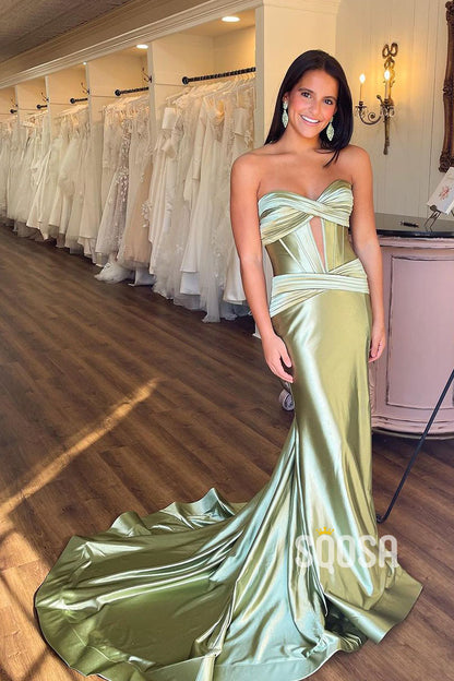 Mermaid Strapless Green Long Prom Dress Evening Gowns with Sweep Train QP1218A