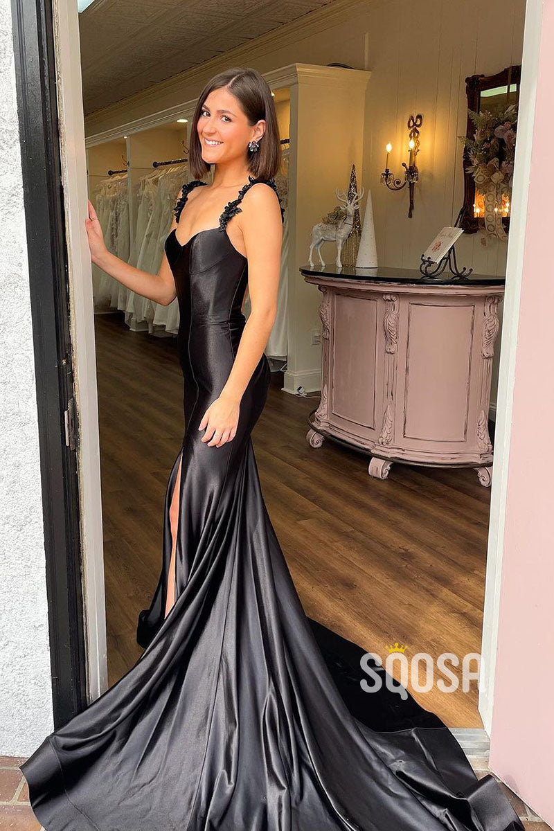 Mermaid Sweep Train Spaghetti Straps Black Long Prom Dress with Split QP1263