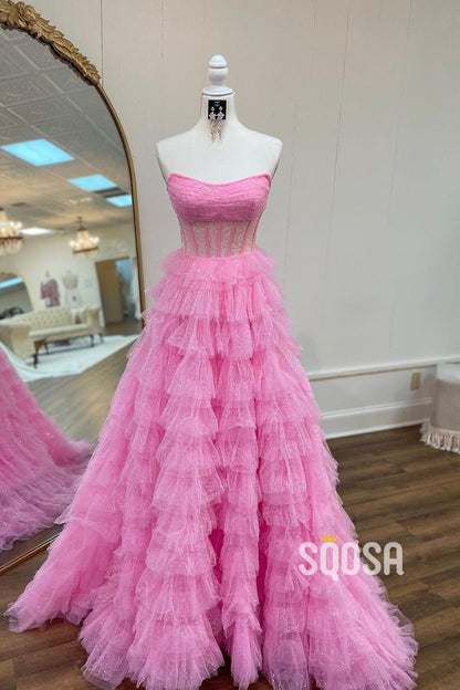 A-Line Strapless Pink Tulle Sparkle Ball Gown Long Prom Dress Evening Gowns QP1276