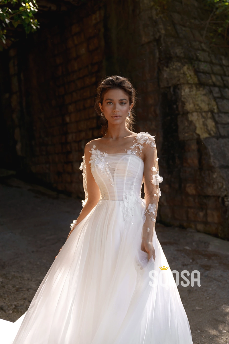 A Line Illusion Neckline 3D Appliques Long Sleeves Romantic Wedding Dress QW2436
