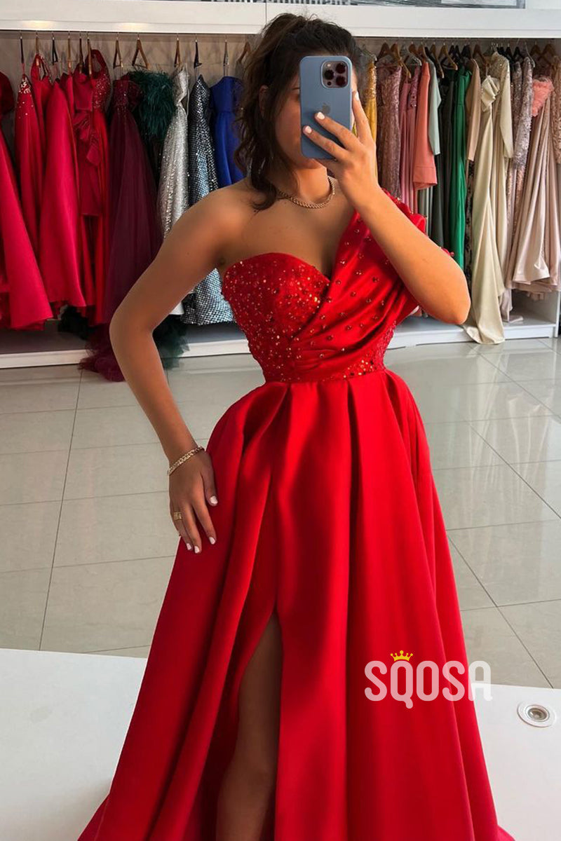 A-Line One Shoulder Beaded Satin Pleats Red Long Formal Prom Dress QP2670