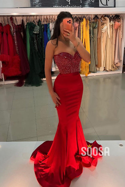Chic & Modern Mermiad Strapless Red Beaded Sequins Satin Long Prom Dress QP2697