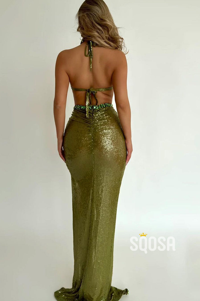 Sexy & Sheath Halter Beaded Sequins Green Long Evening Prom Dress QP2509