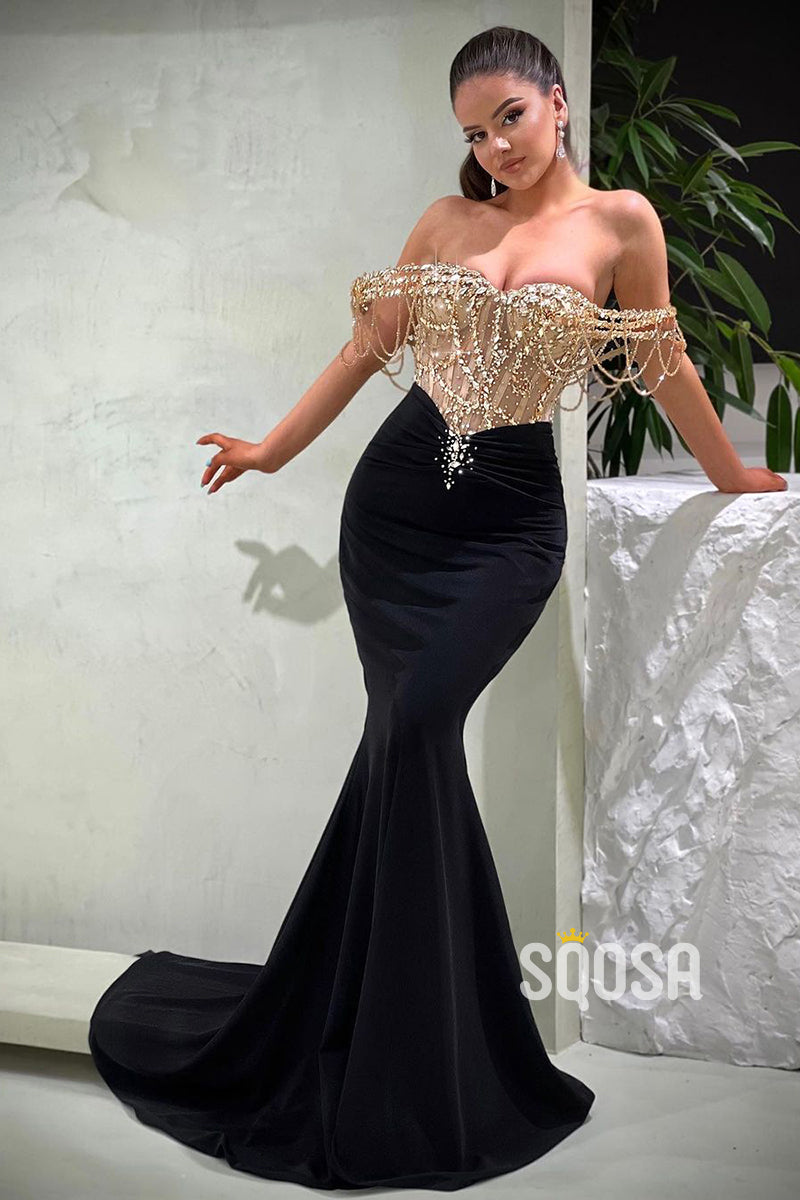 Chic & Modern Off-Shoulder Velvet Beaded Sheer Long Formal Evening Dress QP2579