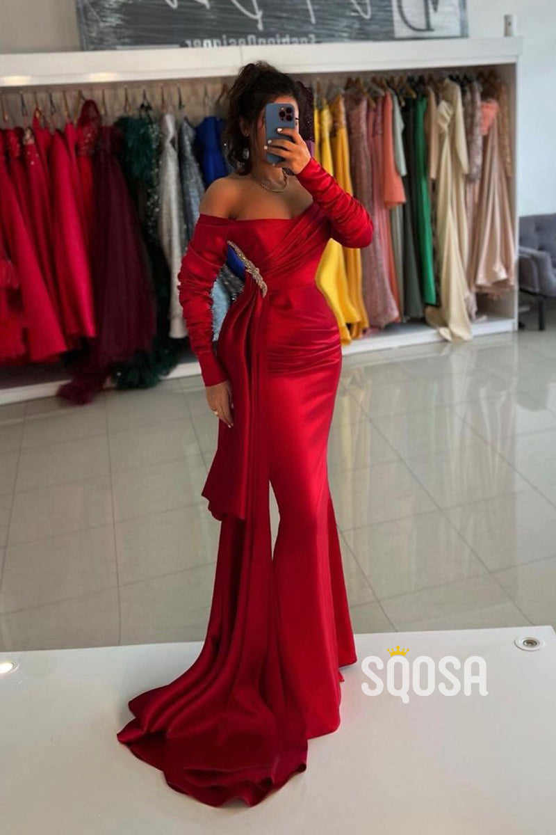 Chic & Modern Off-Shoulder Red Beaded Satin Pleats Long Formal Dress with Overlay QP2694