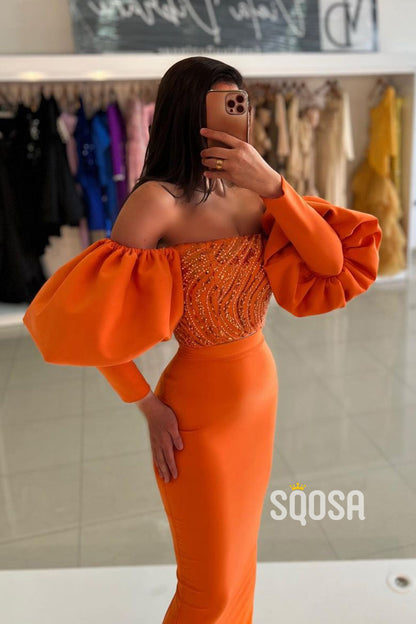 Chic & Sheath Off-Shoulder Beaded Orange Puff Sleeves Long Gown Formal Dress QP2732