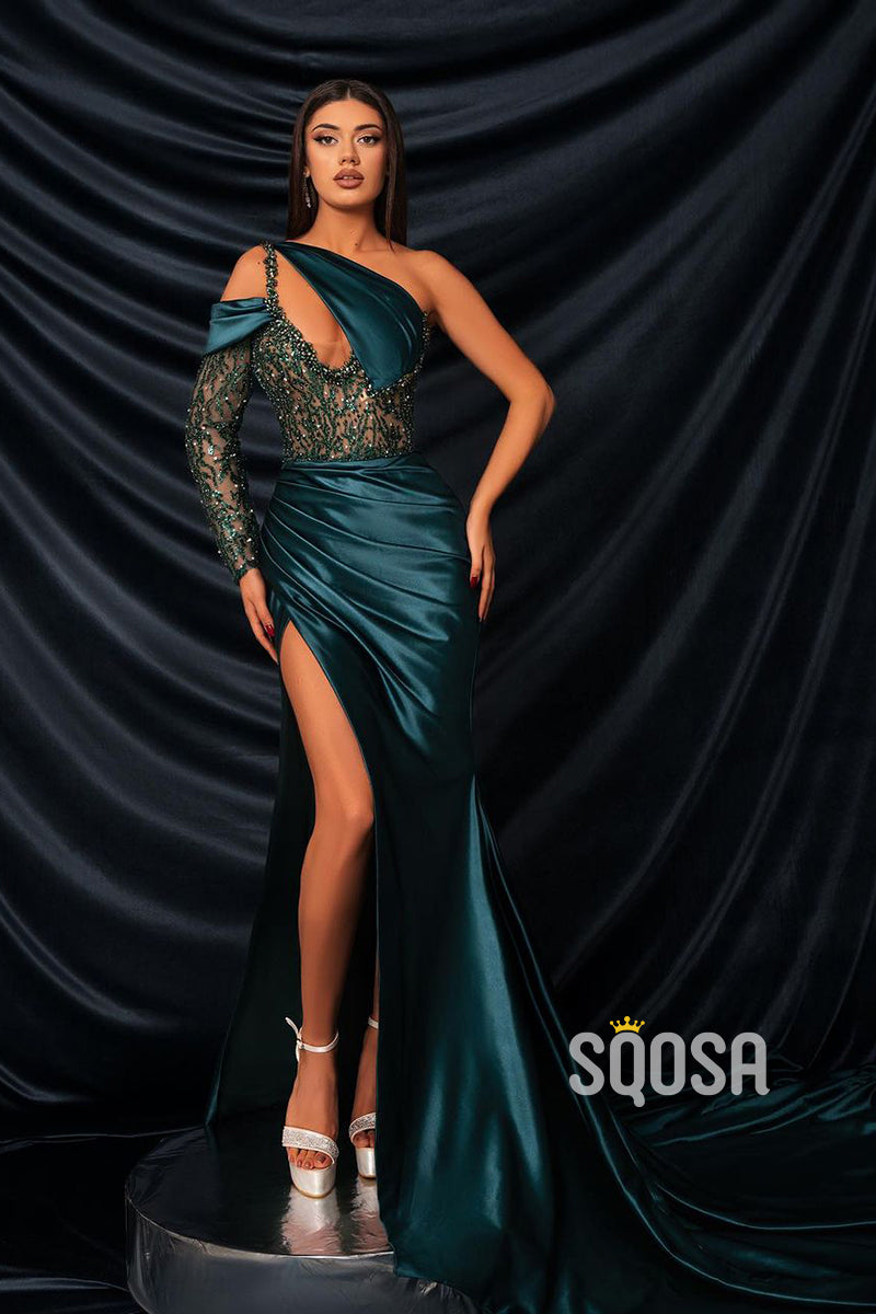 Sexy & Fitted One Shoulder Beaded Sheer Pleats Green Long Formal Dress QP2661