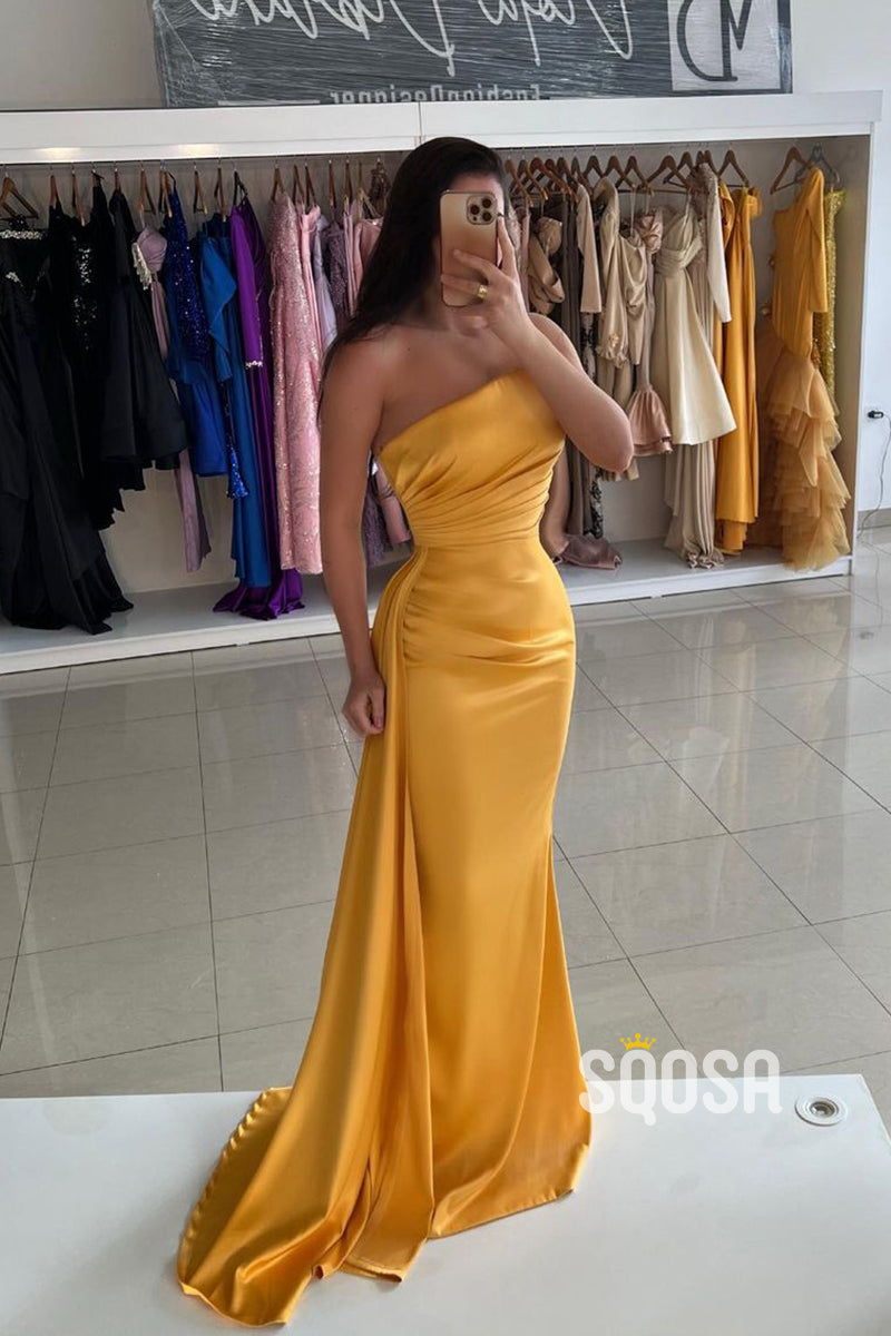 Chic & Modern Strapless Pleats Yellow Simple Prom Evening Dresses Long Formal Gown QP2731