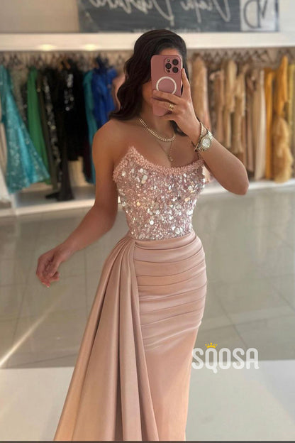 Chic & Modern Satin Strapless Beaded Rose Pink Long Prom Evening Dresses With Slit QP2764