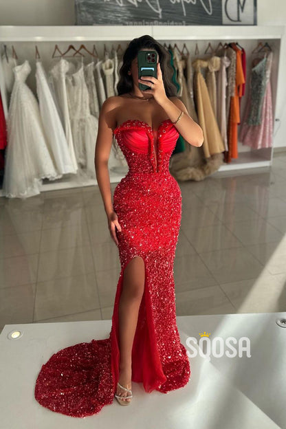 Chic & Modern Strapless Beaded Red Long Formal Dress Floor Length QP2682