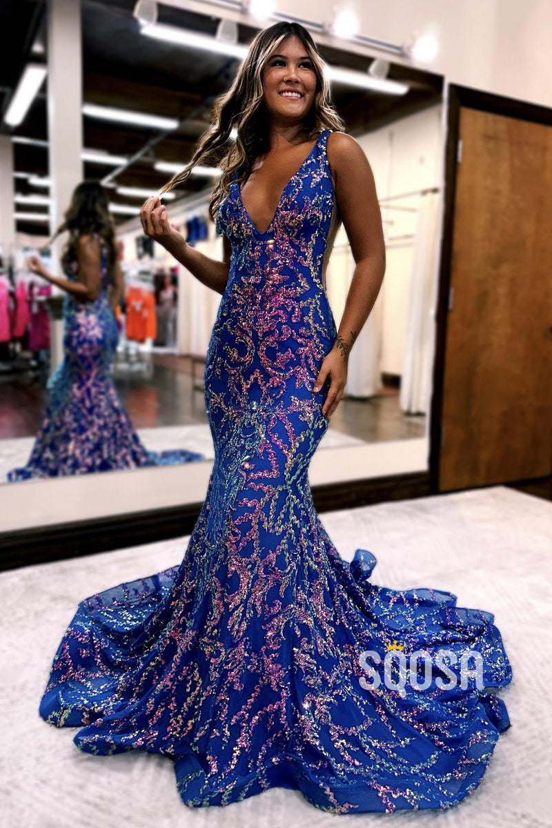 Classic & Timeless Mermaid Sequins V-Neck Long Prom Evening Dresses with Appliques QP2683