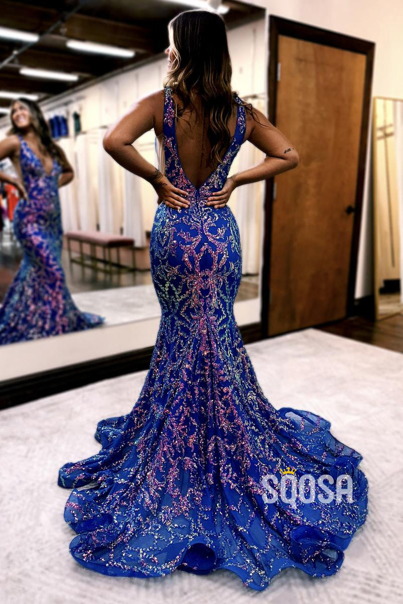 Classic & Timeless Mermaid Sequins V-Neck Long Prom Evening Dresses with Appliques QP2683