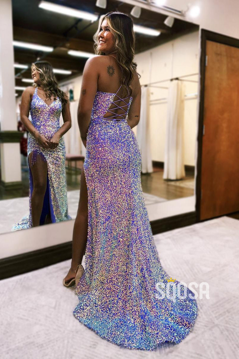 Sexy & Hot V-Neck Sequins Straps Long  Prom Dress with Slit QP2675