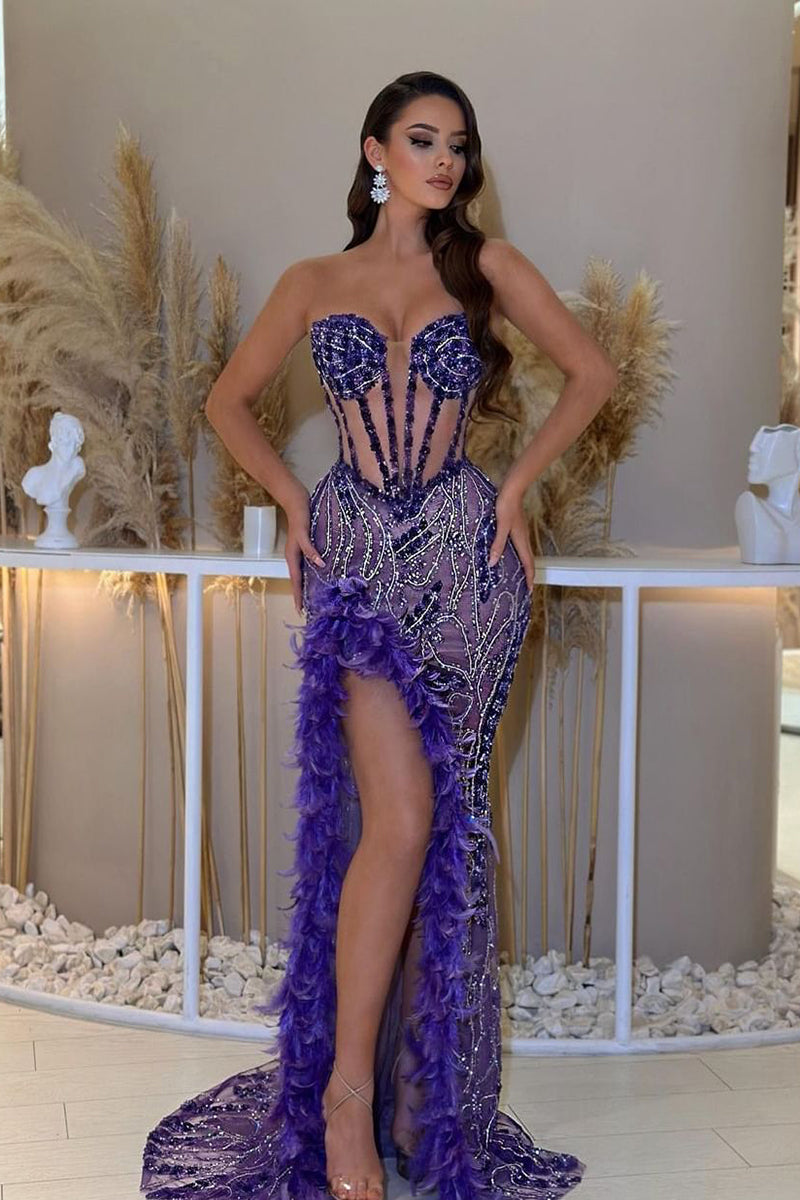 Sheath Sweetheart Feathers Beads Long Purple Prom Formal Dress QP2460