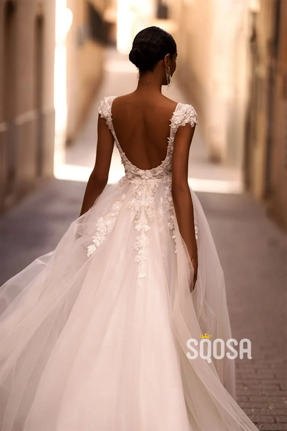 A Line Attractive V neck Short Sleeves Appliques Rustic Wedding Dress QW2326