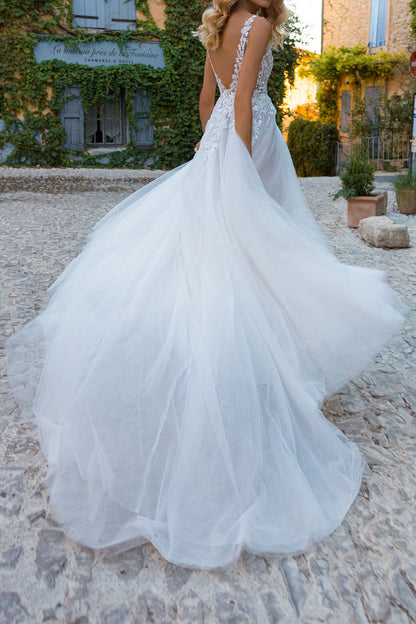 Illusion V Neck Lace Appliques A Line Boho Wedding Dress QW2300