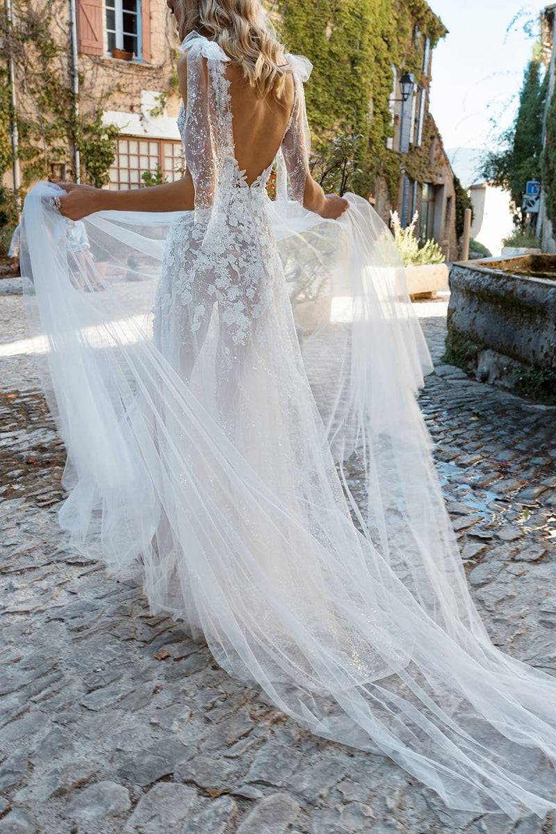 A Line Illusion V Neck Lace Appliques Boho Wedding Dress with Slit Bridal Gown QW2307