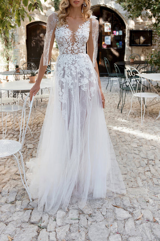 A Line Illusion V Neck Lace Appliques Boho Wedding Dress with Slit Bridal Gown QW2307