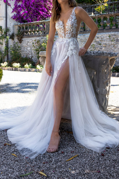 Attractive Illusion Deep V Neck Lace Appliques Boho Wedding Dress with Slit QW2314