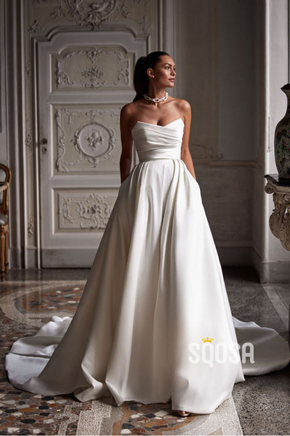 A line Strapless Satin Pleats Elegant Wedding Dress with Pockets QW2228